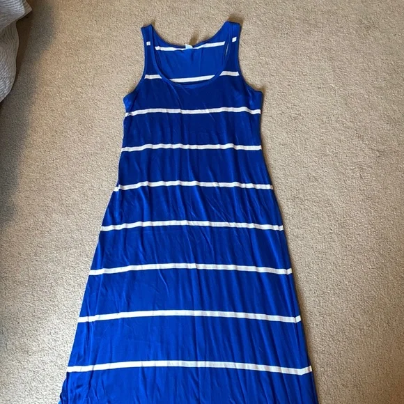 old navy blue striped maxi dress Old Navy Blue White Stripe Maxi Tiered Tie Front Dress Sz L Boho Beach  Coastal